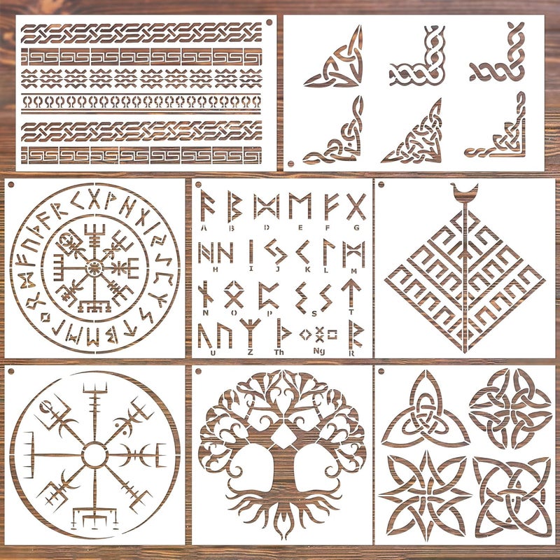 Keluna Viking Stencils for Painting - 8 Pcs Reusable Celtic Border Crafts Templates Tree of Life Stencils for Painting on Wood Wall Art Craft Canvas Fabric Rock - Image 1
